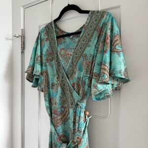 Lemonwood turquoise paisley print silk wrap midi dress - size Small / Medium